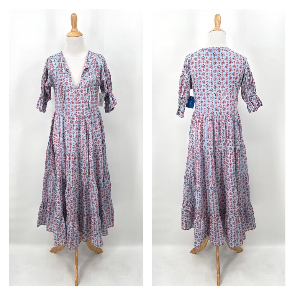 CJ LAING Savannah Dress Women XS Blue Pink Cottage Floral Print Tiered Maxi NEW